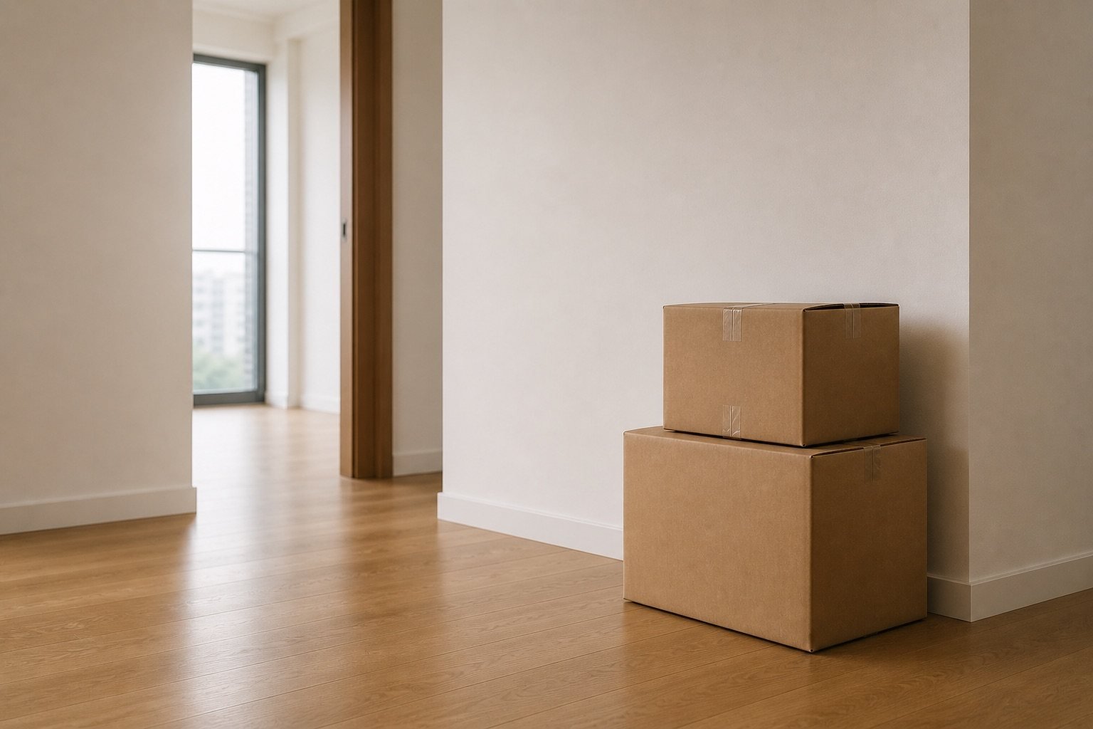 Two neatly stacked moving boxes in empty Singapore condo corridor
